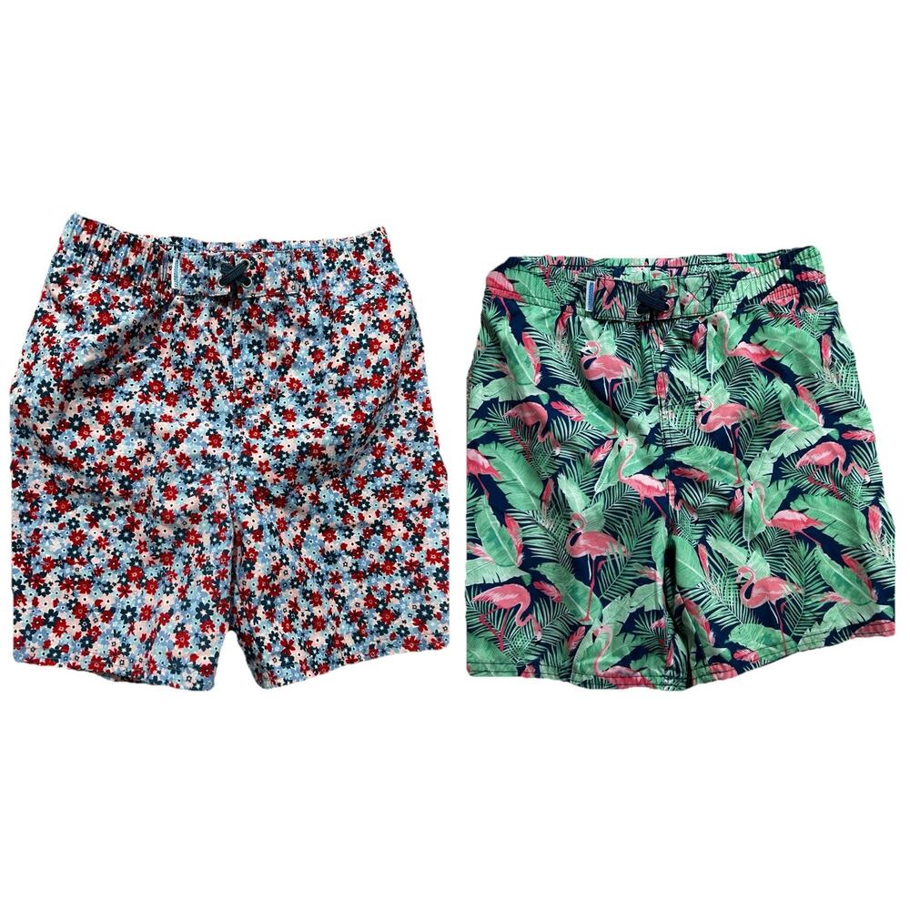 Rugged Butts Boy’s 8 Swim Trunks - 2 Pair - Floral & Flamingos